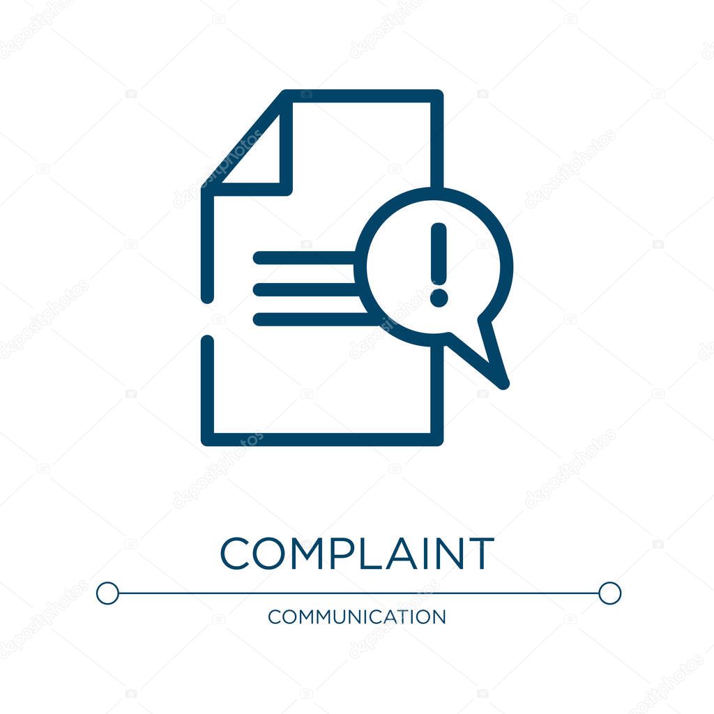 Complaint icon. Linear vector illustration from customer reviews collection. Outline complaint icon vector. Thin line symbol for use on web and mobile apps, logo, print media.