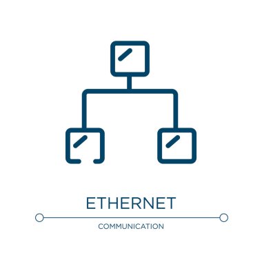 Ethernet simgesi. İnternetteki eşyaların koleksiyonundan doğrusal vektör illüstrasyonu. Ethernet ikon vektörünü özetle. Web ve mobil uygulamalarda kullanmak için ince çizgi sembolü, logo, yazdırma ortamı.