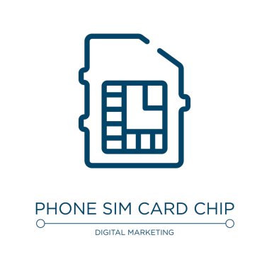 Telefon sim kart çipi simgesi. Telefon seti koleksiyonundan doğrusal vektör çizimi. Telefon kartı simgesi simge vektörünü özetle. Web ve mobil uygulamalarda kullanmak için ince çizgi sembolü, logo, yazdırma ortamı.