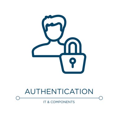 Kimlik doğrulama simgesi. Bilgisayar fonksiyonları koleksiyonundan doğrusal vektör çizimi. Taslak doğrulama simgesi vektörü. Web ve mobil uygulamalarda kullanmak için ince çizgi sembolü, logo, yazdırma ortamı.