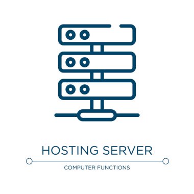 Sunucu simgesi sunuluyor. Ağ mimarisi koleksiyonundan doğrusal vektör çizimi. Sunucu simgesi vektörünün ana hatları. Web ve mobil uygulamalarda kullanmak için ince çizgi sembolü, logo, yazdırma ortamı.