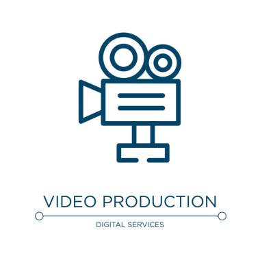 Video yapım ikonu. Dijital servis koleksiyonundan doğrusal vektör çizimi. Ana hatlı video yapım ikonu vektörü. Web ve mobil uygulamalarda kullanmak için ince çizgi sembolü, logo, yazdırma ortamı.