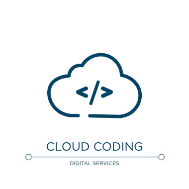 Bulut kodlama simgesi. Bulut teknolojisi koleksiyonundan doğrusal vektör çizimi. Ana hatlı bulut kodlama simgesi vektörü. Web ve mobil uygulamalarda kullanmak için ince çizgi sembolü, logo, yazdırma ortamı.