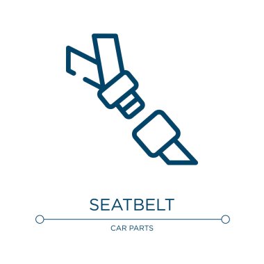 Emniyet kemeri ikonu. Araba parçaları koleksiyonundan doğrusal vektör çizimi. Taslak emniyet kemeri ikon vektörü. Web ve mobil uygulamalarda kullanmak için ince çizgi sembolü, logo, yazdırma ortamı.
