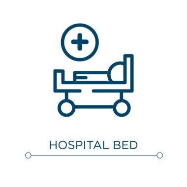 Hastane yatağı ikonu. Doğrusal vektör çizimi. Hastane yatağı ikon taşıyıcısı taslağı. Web ve mobil uygulamalarda kullanmak için ince çizgi sembolü, logo, yazdırma ortamı.