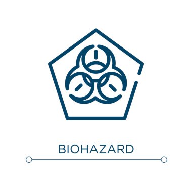 Biyolojik tehlike simgesi. Doğrusal vektör çizimi. Biyolojik tehlike ikon vektörünü özetle. Web ve mobil uygulamalarda kullanmak için ince çizgi sembolü, logo, yazdırma ortamı.