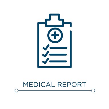 Tıbbi rapor ikonu. Doğrusal vektör çizimi. Tıbbi rapor ikon vektörünü özetle. Web ve mobil uygulamalarda kullanmak için ince çizgi sembolü, logo, yazdırma ortamı.
