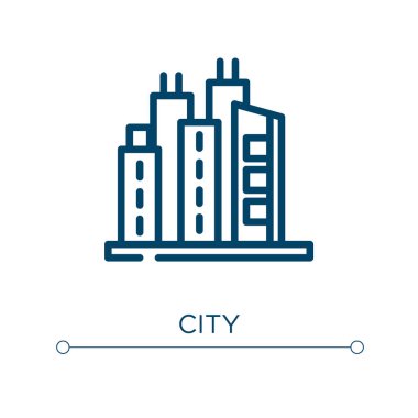 Şehir simgesi. Doğrusal vektör çizimi. Şehir simge vektörünü özetle. Web ve mobil uygulamalarda kullanmak için ince çizgi sembolü, logo, yazdırma ortamı.