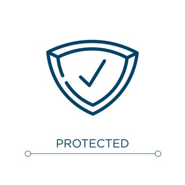 Korunan simge. Doğrusal vektör çizimi. Taslak koruma simgesi vektörü. Web ve mobil uygulamalarda kullanmak için ince çizgi sembolü, logo, yazdırma ortamı.