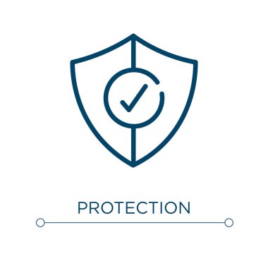 Koruma ikonu. Doğrusal vektör çizimi. Taslak koruma ikonu vektörü. Web ve mobil uygulamalarda kullanmak için ince çizgi sembolü, logo, yazdırma ortamı.