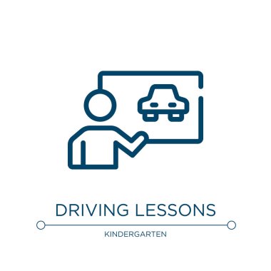 Sürücü kursu ikonu. Sürücü okulu koleksiyonundan doğrusal vektör çizimi. Ana sürüş dersleri ikon vektörü. Web ve mobil uygulamalarda kullanmak için ince çizgi sembolü, logo, yazdırma ortamı.