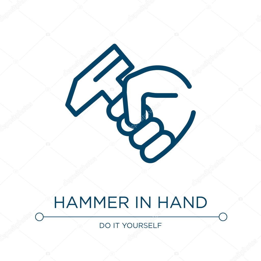 Hammer in hand icon. Linear vector illustration from hand drawn construction collection. Outline hammer in hand icon vector. Thin line symbol for use on web and mobile apps, logo, print media.