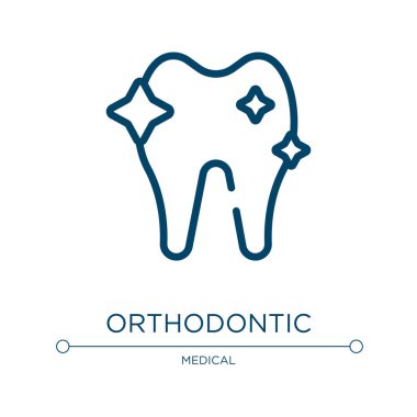 Ortodontik ikon. Tıbbi koleksiyondan doğrusal vektör çizimi. Ana hatlı ortodontik ikon vektörü. Web ve mobil uygulamalarda kullanmak için ince çizgi sembolü, logo, yazdırma ortamı.