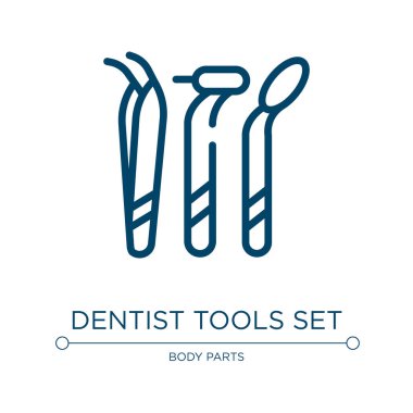 Dişçi araçları simge ayarlandı. Tıp ve sağlık koleksiyonundan doğrusal vektör çizimi. Dış hat dişçi araçları simge vektörünü ayarladı. Web ve mobil uygulamalarda kullanmak için ince çizgi sembolü, logo, yazdırma ortamı.