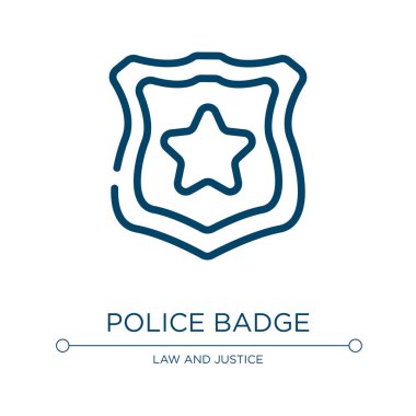 Polis rozeti ikonu. Hukuk ve adalet koleksiyonundan doğrusal vektör çizimi. Polis rozeti ikon vektörünü özetle. Web ve mobil uygulamalarda kullanmak için ince çizgi sembolü, logo, yazdırma ortamı.