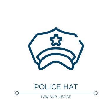 Polis şapkası ikonu. Hukuk ve adalet koleksiyonundan doğrusal vektör çizimi. Polis şapkası ikon vektörünü özetle. Web ve mobil uygulamalarda kullanmak için ince çizgi sembolü, logo, yazdırma ortamı.