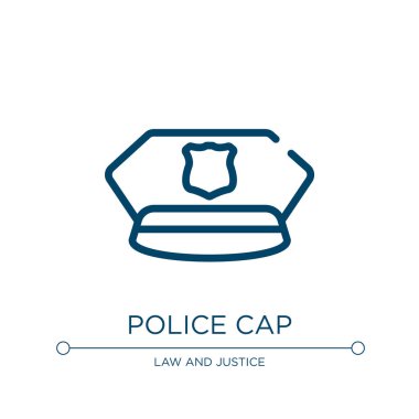 Polis şapkası ikonu. Hukuk ve adalet koleksiyonundan doğrusal vektör çizimi. Polis ikon vektörünü özetle. Web ve mobil uygulamalarda kullanmak için ince çizgi sembolü, logo, yazdırma ortamı.