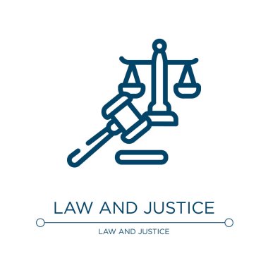 Hukuk ve adalet simgesi. Hukuk ve adalet koleksiyonundan doğrusal vektör çizimi. Taslak kanun ve adalet ikonu vektörü. Web ve mobil uygulamalarda kullanmak için ince çizgi sembolü, logo, yazdırma ortamı.