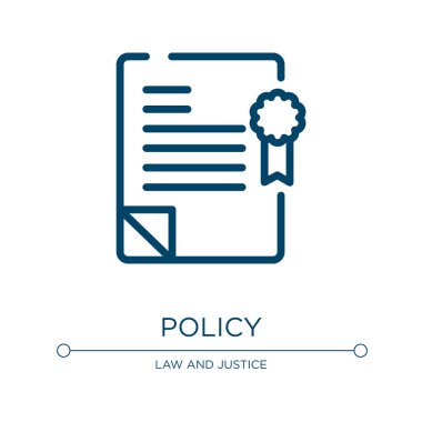 Politika simgesi. Hukuk ve adalet koleksiyonundan doğrusal vektör çizimi. Ana politika simgesi vektörü. Web ve mobil uygulamalarda kullanmak için ince çizgi sembolü, logo, yazdırma ortamı.