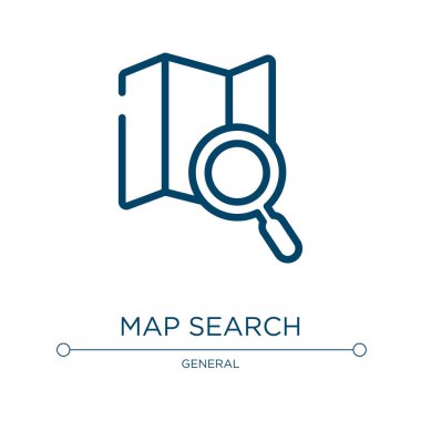 Harita arama simgesi. Genel koleksiyondan doğrusal vektör çizimi. Taslak harita arama simgesi vektörü. Web ve mobil uygulamalarda kullanmak için ince çizgi sembolü, logo, yazdırma ortamı.