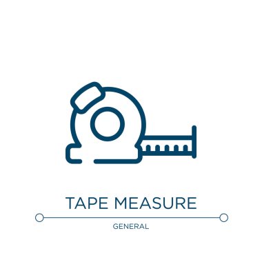 Teyp ölçüm simgesi. Genel koleksiyondan doğrusal vektör çizimi. Taslak mezura ikon vektörü. Web ve mobil uygulamalarda kullanmak için ince çizgi sembolü, logo, yazdırma ortamı.