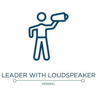 Hoparlör ikonlu lider. Genel koleksiyondan doğrusal vektör çizimi. Hoparlör ikon vektörlü ana hat lideri. Web ve mobil uygulamalarda kullanmak için ince çizgi sembolü, logo, yazdırma ortamı.