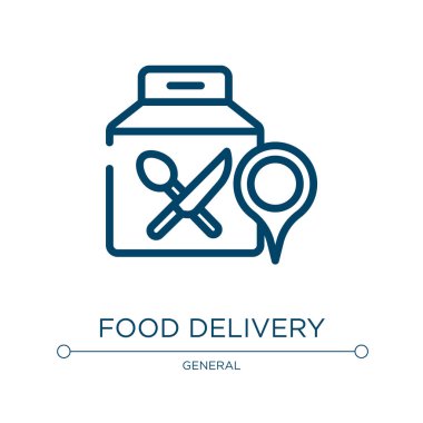 Yemek teslimatı ikonu. Genel koleksiyondan doğrusal vektör çizimi. Yemek dağıtım ikonu vektörünü özetle. Web ve mobil uygulamalarda kullanmak için ince çizgi sembolü, logo, yazdırma ortamı.