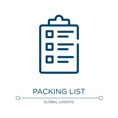 Paketleme listesi simgesi. Teslimat koleksiyonundan doğrusal vektör çizimi. Taslak paketleme listesi ikon vektörü. Web ve mobil uygulamalarda kullanmak için ince çizgi sembolü, logo, yazdırma ortamı.
