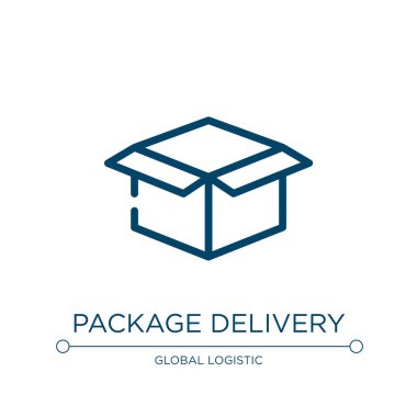 Paket teslim ikonu. Sevkiyattan ve el ile doğrusal koleksiyondan doğrusal vektör illüstrasyonu. Taslak paket teslim ikonu vektörü. Web ve mobil uygulamalarda kullanmak için ince çizgi sembolü, logo, yazdırma ortamı.