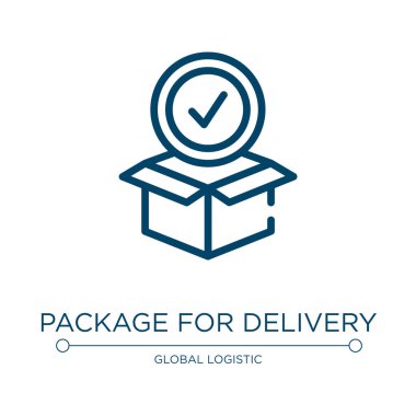 Teslimat ikonu için paket. Lojistik dağıtım koleksiyonundan doğrusal vektör çizimi. Taşıma simgesi vektörü için taslak paket. Web ve mobil uygulamalarda kullanmak için ince çizgi sembolü, logo, yazdırma ortamı.