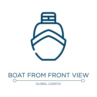 Ön görüntü ikonundan tekne. Lojistik dağıtım koleksiyonundan doğrusal vektör çizimi. Ön görüntü ikon vektöründen ana hatlı tekne. Web ve mobil uygulamalarda kullanmak için ince çizgi sembolü, logo, yazdırma ortamı.