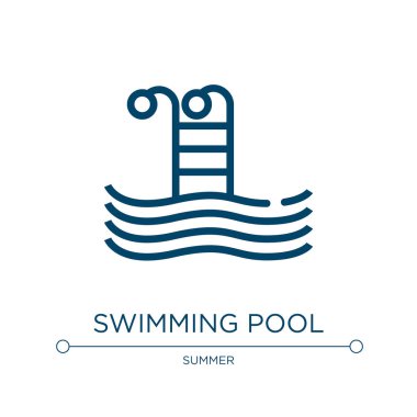 Yüzme havuzu ikonu. Yaz koleksiyonundan doğrusal vektör çizimi. Ana hatlı yüzme havuzu ikonu vektörü. Web ve mobil uygulamalarda kullanmak için ince çizgi sembolü, logo, yazdırma ortamı.