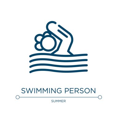 Yüzen insan ikonu. Yaz koleksiyonundan doğrusal vektör çizimi. Yüzme ikonu vektörünü özetle. Web ve mobil uygulamalarda kullanmak için ince çizgi sembolü, logo, yazdırma ortamı.