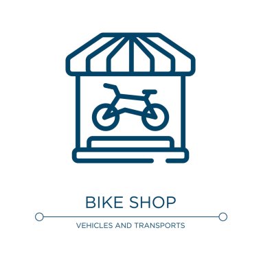 Bisiklet dükkanı ikonu. Bisikletçi koleksiyonundan doğrusal vektör çizimi. Taslak bisiklet dükkanı ikon vektörü. Web ve mobil uygulamalarda kullanmak için ince çizgi sembolü, logo, yazdırma ortamı.