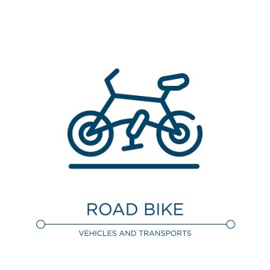 Yol bisikleti ikonu. Ulaşım koleksiyonundan doğrusal vektör çizimi. Ana yol bisikleti ikon vektörü. Web ve mobil uygulamalarda kullanmak için ince çizgi sembolü, logo, yazdırma ortamı.