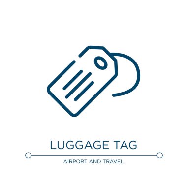 Bagaj etiketi simgesi. Sınır koleksiyonundan doğrusal vektör çizimi. Bagaj etiketi ikon vektörünü özetle. Web ve mobil uygulamalarda kullanmak için ince çizgi sembolü, logo, yazdırma ortamı.