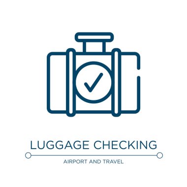 Bavul simgesi kontrol ediliyor. Havaalanı koleksiyonundan doğrusal vektör çizimi. Ana bagaj ikon vektörünü kontrol ediyor. Web ve mobil uygulamalarda kullanmak için ince çizgi sembolü, logo, yazdırma ortamı.