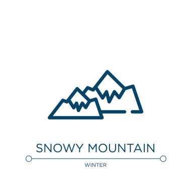 Karlı dağ ikonu. Kış koleksiyonundan doğrusal vektör çizimi. Karlı dağ ikonu vektörünün ana hatları. Web ve mobil uygulamalarda kullanmak için ince çizgi sembolü, logo, yazdırma ortamı.