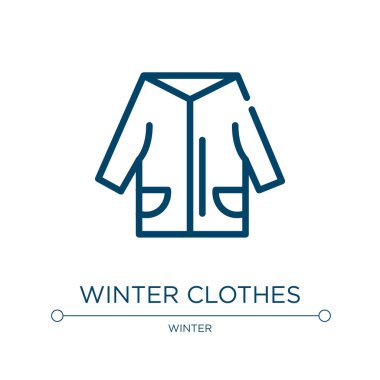 Kışlık kıyafet ikonu. Kış koleksiyonundan doğrusal vektör çizimi. Kışlık kıyafet ikon vektörünü özetle. Web ve mobil uygulamalarda kullanmak için ince çizgi sembolü, logo, yazdırma ortamı.