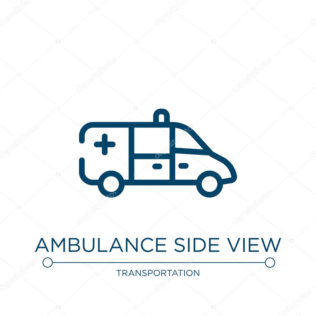 Ambulance side view icon. Linear vector illustration from transporters collection. Outline ambulance side view icon vector. Thin line symbol for use on web and mobile apps, logo, print media.