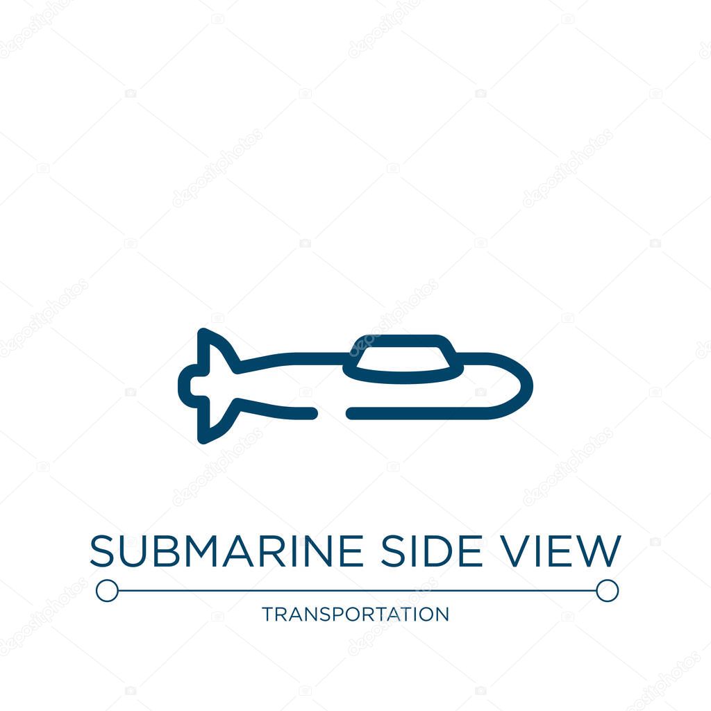 Submarine side view icon. Linear vector illustration from transporters collection. Outline submarine side view icon vector. Thin line symbol for use on web and mobile apps, logo, print media.