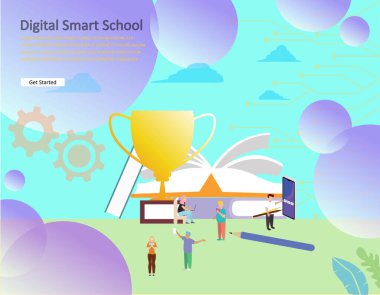 Çevrimiçi eğitim vektör illüstrasyonu kavramı, erkekler ve kadınlar internetten kitap okuyor, uzaktaki öğrenci öğrenimi iniş sayfası, şablon, ui, web, uygulama, ana sayfa, poster, afiş, broşür