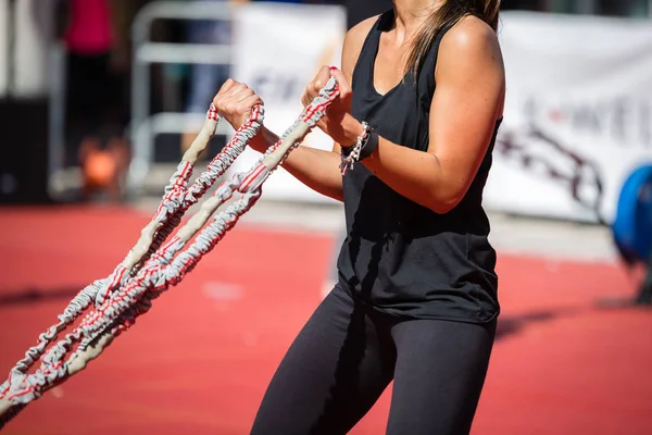 Girl Having Fitness Workout Outdoor Elastic Rope — Stock Photo, Image