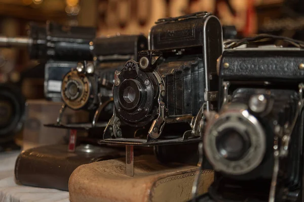 Körüklü Deri Davalarının Üzerinde Antik Katlama Kameralar Stok Fotoğraf