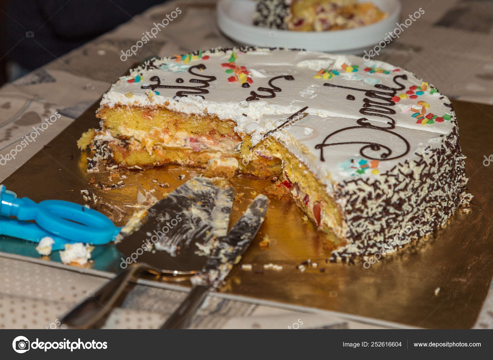 Birthday Cake With Cream Chocolate And Strawberries And A Silver