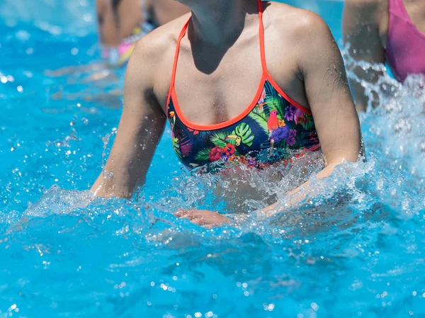 Woman Doing Water Aerobics Outdoor in a Swimming Pool — Stock Photo, Image