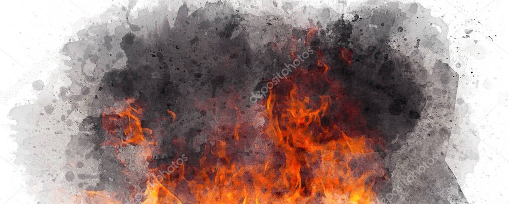 Watercolor fire on white background