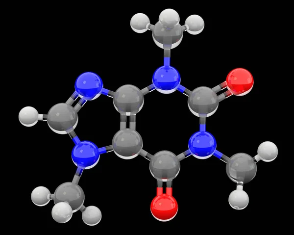 咖啡因分子3D玻璃渲染 — 图库照片