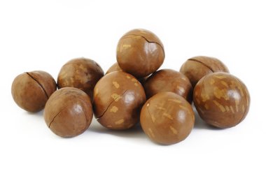  Beyaz arka planda Macadamia fındıkları