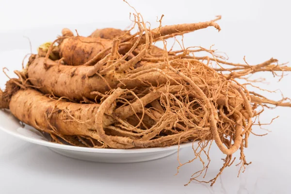Beyaz arkaplanda izole edilmiş taze ginseng kökleri